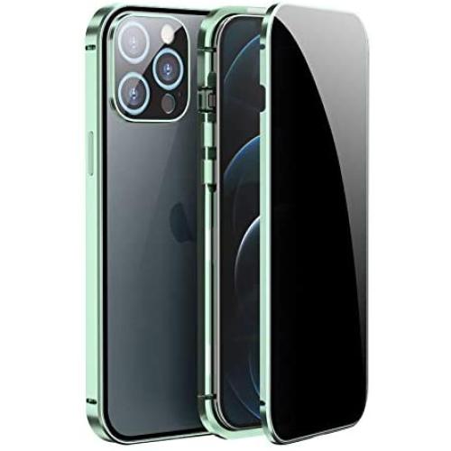 Jonwelsy Anti Peeping Case for iPhone 12 Pro Max (6.7 Inch), Double-Sided Anti Spy Tempered Glass Privacy, 360 Degree Protection Cover, Magnetic Adsorption Metal Bumper for iPhone 12 PM (Light Green)