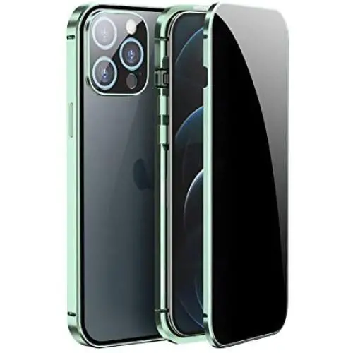 Jonwelsy Anti Peeping Case for iPhone 12 Pro Max (6.7 Inch), Double-Sided Anti Spy Tempered Glass Privacy, 360 Degree Protection Cover, Magnetic Adsorption Metal Bumper for iPhone 12 PM (Light Green)