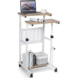 Tangkula Mobile Standing Desk, Height Adjustable Stand Up Desk Computer Workstation, Movable Computer Cart with 4 Rolling Wheels & Footrest, Suitable for Sitting or Standing (Oak)