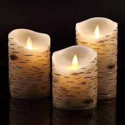 Flameless Candles with brich Effect 4'' 5'' 6'' Set of 3 Dripless Real Wax Pillars Include Realistic Dancing LED Flames and 10-Key Remote Control with 24-Hour Timer Function -AntizerTM