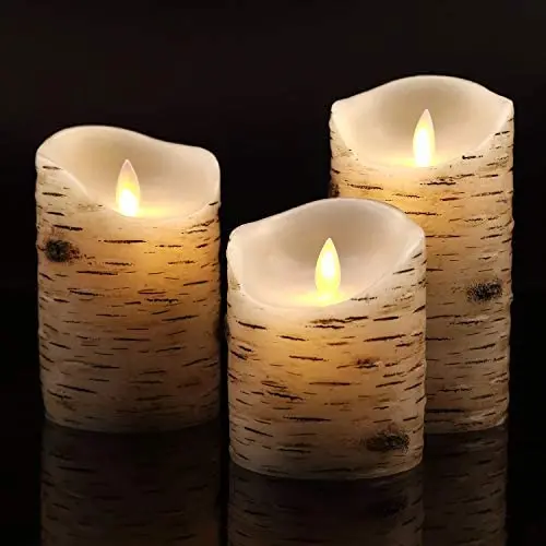 Flameless Candles with brich Effect 4'' 5'' 6'' Set of 3 Dripless Real Wax Pillars Include Realistic Dancing LED Flames and 10-Key Remote Control with 24-Hour Timer Function -AntizerTM Flameless Candles with brich Effect 4'' 5'' 6'' Set of 3 Dripless Real Wax Pillars Include Realistic Dancing LED Flames and 10-Key Remote Control with 24-Hour Timer Function -AntizerTM