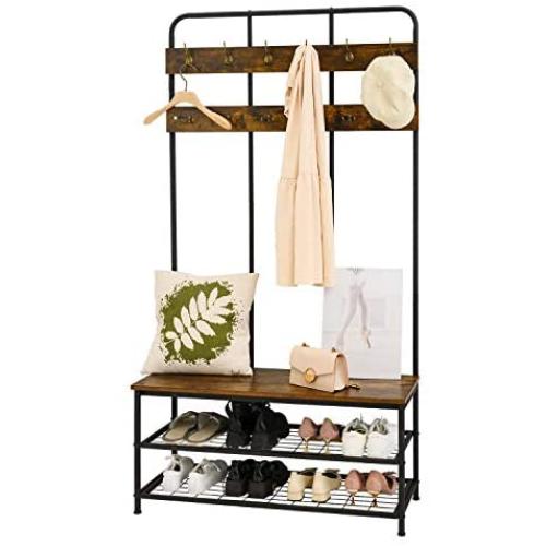 3-in-1 Coat Rack, AERMOO Vintage Metal and Wood Hall Tree, Entrance Storage Rack Storage Rack, with 2 layers of Shoe Racks, 12 Hooks, 1 Bench, for living Room, Bedroom, Office, Clothes Hats