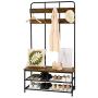 3-in-1 Coat Rack, AERMOO Vintage Metal and Wood Hall Tree, Entrance Storage Rack Storage Rack, with 2 layers of Shoe Racks, 12 Hooks, 1 Bench, for living Room, Bedroom, Office, Clothes Hats