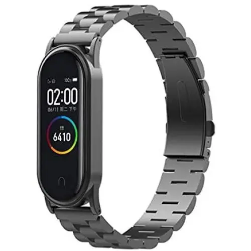 MIMEI Band Compatible with Xiaomi Mi Band 4 5.90in -8.66in Solid Stainless Steel Wristband Metal Buckle Clasp Business Strap Replacement Bracelet (Black, B Type)