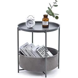 TOOLF End Table, Metal Nightstand, Coffee Round Table, Sofa Side Snack Table with Detachable Tray Top and Fabric Storage Basket, Scandi Style Table for Living Room Bedroom (Dark Grey)