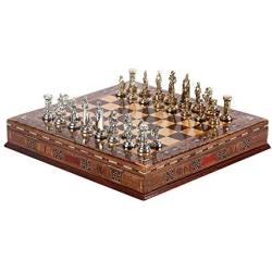 GiftHome Medieval British Army Metal Chess Set for Adults, Handmade Pieces and Natural Solid Wooden Chess Board with Pearl Design Around Board and Storage Inside King 2,75 inc