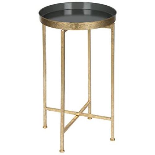 Kate and Laurel Celia Round Metal Foldable Tray Accent Table, Gray with Gold Base
