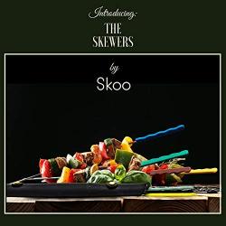 Skoo Barbecue Skewers Set - 7 Silicone Handled Stainless Steel BBQ Skewers + Silicone Storage Bag - 14'' Flat Metal Shish Kebab Skewers for Grilling - Reusable Grill Kabob Skewer Sticks + Rollable Bag