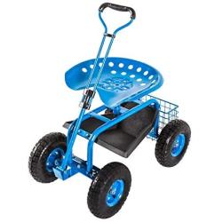 Peach Tree Garden Cart Rolling Work Seat Outdoor Utility Lawn Yard Patio Wagon Scooter for Planting, Adjustable Handle 360 Degree Swivel Seat Blue