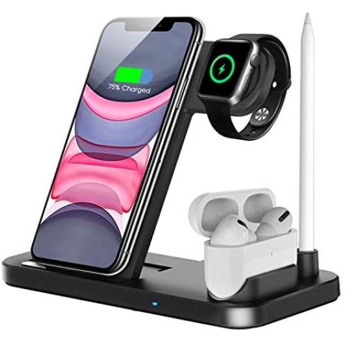 QI-EU Wireless Charger, 4 in 1 Qi-Certified Fast Charging Station Compatible Apple Watch Airpods Pro iPhone 12/11/11pro/X/XS/XR/Xs Max/8/8 Plus, Wireless Charging Stand Compatible Samsung Galaxy S20