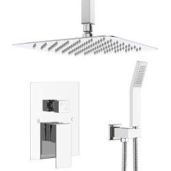 Ceiling Mounted Shower System-Polished Chrome Shower Combo Set with 12 Inches Square Rain Shower Head, Handheld and Shower Faucet Rough-in Mixer Valve and Trim