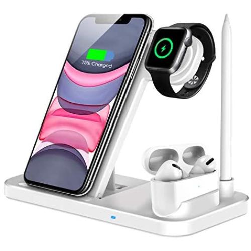 QI-EU Wireless Charger, 4 in 1 Qi-Certified Fast Charging Station Compatible Apple Watch Airpods Pro iPhone 12/11/11pro/X/XS/XR/Xs Max/8/8 Plus, Wireless Charging Stand Compatible Samsung Galaxy S20