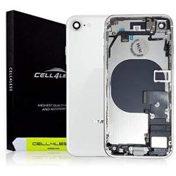 CELL4LESS Back Housing Complete Assembly Metal MidFrame w/Back Glass - Wireless Charging pad - Sim Card Tray and Camera Frame and Lens for iPhone 8 (White)