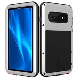 LOVE MEI Samsung Galaxy S10 Case with Built-in Glass Screen Protector Full-Body Wireless Charging Sturdy Hard Cover Shockproof Dustproof Metal and Silicone Heavy Duty Case for Samsung S10 (Silver)