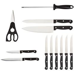 Amazon Basics 14-Piece Kitchen Knife Set with High-Carbon Stainless-Steel Blades and Pine Wood Block