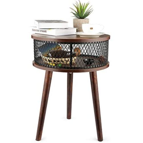 BATHWA Industrial Round End Table, Side Table with Metal Storage Basket, Vintage Accent Table, Wooden Look Furniture with Metal Frame, Easy Assembly (Brown)