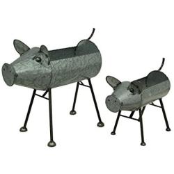 Galvanized Metal Set of 2 Indoor/Outdoor Pig Planter Sculptures