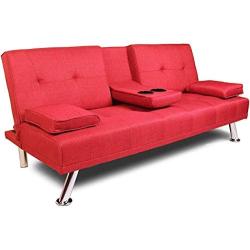 NOUVCOO 2020 Quality Upgraded Sofa Modern Faux Leather, Convertible Folding Recliner Lounge Futon Couch with Cup Holders/Armrest/Metal Legs for Living Furniture/Bed Room/Home/Small Places, Red