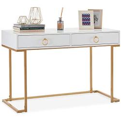 BELLEZE Two-Drawer Home Office Computer Desk Vanity Table, Wood and Metal, White & Gold