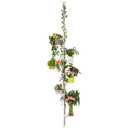 BAOYOUNI 7-Layer Indoor Plant Stands Spring Tension Pole Metal Flower Display Rack Space Saver Corner Floral Pot Hanger Shelf, Ivory