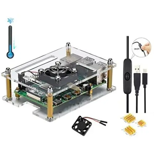 Guhui Acrylic Case with Cooling Fan for Raspberry Pi 4 Model B/3B+ and AC Adapter 5V 3A PSU Type C with On/Off Power Switch Guhui Acrylic Case with Cooling Fan for Raspberry Pi 4 Model B/3B+ and AC Adapter 5V 3A PSU Type C with On/Off Power Switch