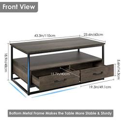 HOMECHO Industrial Coffee Table 43”, Wood and Metal Cocktail Table with Storage Shelf and 2 Drawers for Living Room, Rustic Brown