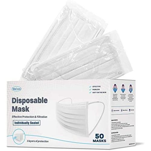 WeCare Disposable Face Mask Individually Wrapped - 50 Pack, White Masks 3 Ply