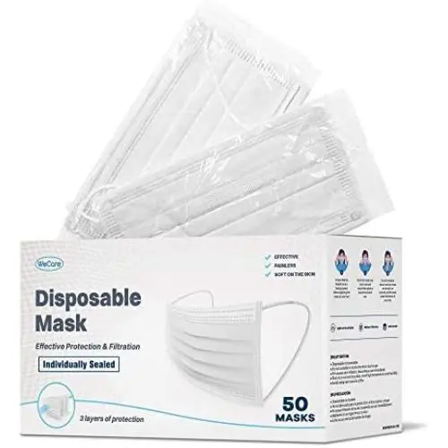 WeCare Disposable Face Mask Individually Wrapped - 50 Pack, White Masks 3 Ply WeCare Disposable Face Mask Individually Wrapped - 50 Pack, White Masks 3 Ply