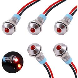 smseace 5PCS Red DC/AC12V-24V Energy Saving 1/4‘’ Indicator Light Mounting Hole 6mm with 150mm Cable Length Metal Waterproof LED Indicator Light DQ-6T-R-12