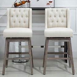 HOMCOM 2 Piece Bar Height Chair Swivel Barstool with Integrated Footrest, Solid Wood Design, and a 180 Degree Rotation, Beige