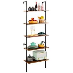 MELLCOM 5 Tier Industrial Ladder Shelf, Wood Modern Bookshelf with Metal Frame,Wall-Mounted Bookcase Plant Flower Storage Stand Organizer for Living Room, Bathroom, Kitchen,Balcony