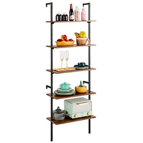 MELLCOM 5 Tier Industrial Ladder Shelf, Wood Modern Bookshelf with Metal Frame,Wall-Mounted Bookcase Plant Flower Storage Stand Organizer for Living Room, Bathroom, Kitchen,Balcony