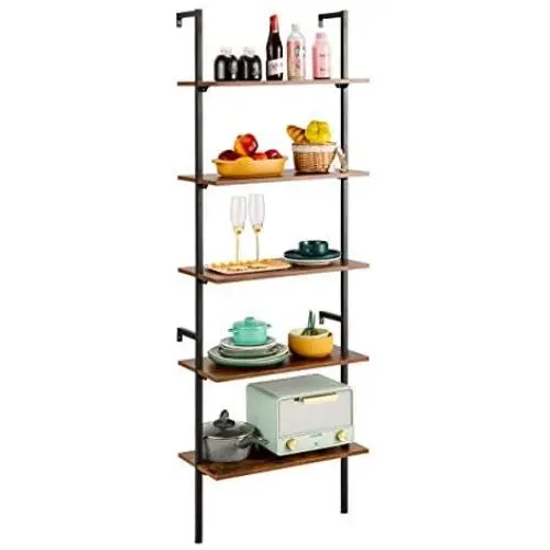 MELLCOM 5 Tier Industrial Ladder Shelf, Wood Modern Bookshelf with Metal Frame,Wall-Mounted Bookcase Plant Flower Storage Stand Organizer for Living Room, Bathroom, Kitchen,Balcony MELLCOM 5 Tier Industrial Ladder Shelf, Wood Modern Bookshelf with Metal Frame,Wall-Mounted Bookcase Plant Flower Storage Stand Organizer for Living Room, Bathroom, Kitchen,Balcony
