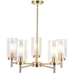 VINLUZ Contemporary 5 Light Chandelier Lighting Brushed Brass Clear Glass Shades Modern Pendant Lamp Rustic Dining Room Lighting Fixtures Hanging Adjustable Wire Semi Flush Ceiling Lights