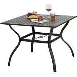 PHI VILLA 37 Inch Outdoor Dining Table Metal Steel Slat Patio with 1.57'' Umbrella Hole, Brown