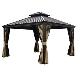 Kozyard Alexander Hardtop Aluminum Permanent Gazebo with a Mosquito Net and Privacy Sidewalls (Alexander 12x12)