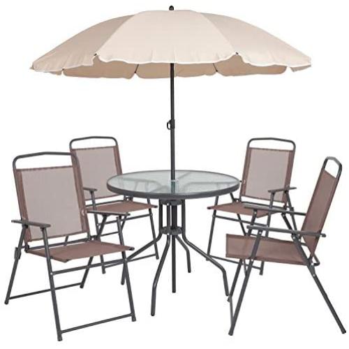Flash Furniture Nantucket 6 Piece Brown Patio Garden Set with Table, Tan Umbrella and 4 Folding Chairs