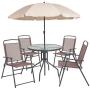 Flash Furniture Nantucket 6 Piece Brown Patio Garden Set with Table, Tan Umbrella and 4 Folding Chairs