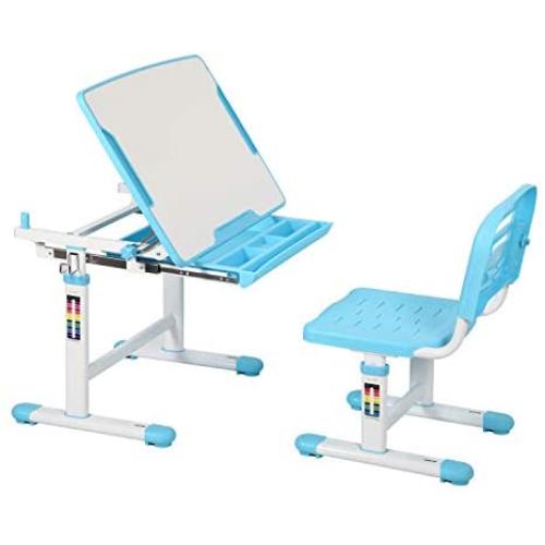 Diroan Kids Multifunctional Desk and Chair Set, Height Adjustable Children School Study Desk with Tilt Desktop, Metal Hook and Storage Drawer for Boys Girls .(Blue)