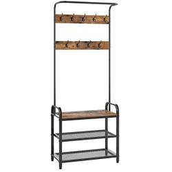 Homfa Coat Rack Shoes Bench, Hall Tree Entryway Shelf with Metal Frame, 3 in 1 Design Coat Stand Entryway Organizer, with Adjustable Feet and 9 Rounded Hooks, Wood Look Accent Furniture-Rustic Brown