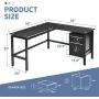 L Shaped Home Office Desk, Pataku Corner Computer Desk Modern Study Writing Table with 2 Drawers, Tempered Glass Desktop, Metal Frame, Black