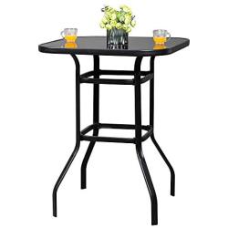 VINGLI Outdoor Bar Table Bistro Table Metal Frame Patio Bar Table, Tempered Glass Table Top All Weather Outdoor Bar Height (Black)