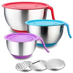 Stainless Steel Mixing Bowls with Lids, E-far Metal Mixing Bowl Set with 3 Graters, Long Handle, Pour Spout, Non-Slip Bottom & Stackable, Great for Cooking, Baking, Prepping, Set of 3 - 5/3/1.5 QT