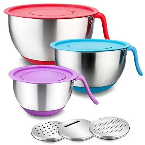 Stainless Steel Mixing Bowls with Lids, E-far Metal Mixing Bowl Set with 3 Graters, Long Handle, Pour Spout, Non-Slip Bottom & Stackable, Great for Cooking, Baking, Prepping, Set of 3 - 5/3/1.5 QT Stainless Steel Mixing Bowls with Lids, E-far Metal Mixing Bowl Set with 3 Graters, Long Handle, Pour Spout, Non-Slip Bottom & Stackable, Great for Cooking, Baking, Prepping, Set of 3 - 5/3/1.5 QT