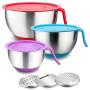 Stainless Steel Mixing Bowls with Lids, E-far Metal Mixing Bowl Set with 3 Graters, Long Handle, Pour Spout, Non-Slip Bottom & Stackable, Great for Cooking, Baking, Prepping, Set of 3 - 5/3/1.5 QT