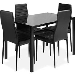 DKLGG 5-Piece Kitchen Dining Table Set for Dining Room, 4 Faux Leather Metal Frame Chairs, Dinette, Compact Space w/Glass Tabletop