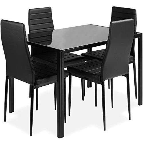 DKLGG 5-Piece Kitchen Dining Table Set for Dining Room, 4 Faux Leather Metal Frame Chairs, Dinette, Compact Space w/Glass Tabletop