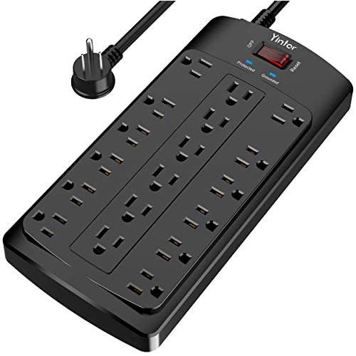 8 Ft Power Strip, Yintar Surge Protector with 18 AC Outlets, 8 Feet Flat Plug Extension Cord (1875W/15A) for for Home, Office, Dorm Essentials, 2100 Joules, ETL Listed, Black