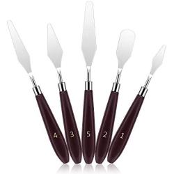 DROK 5Pcs Stainless Steel Paint Scraper, Wooden Handle Palette Painting Knife Set, Watercolor Oil Acrylic Paint Spatula, Metal Art Tools, Oil Painting Accessories for Color Mixing