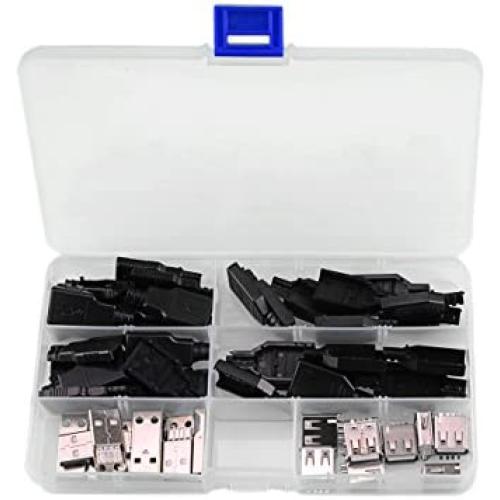 XLX 20Set Premium USB Connector with Shell Type-A Male(10SET) and Type-A A 2.0 Female 4 Pin Plug Connector Jack Socket DIY(10SET)